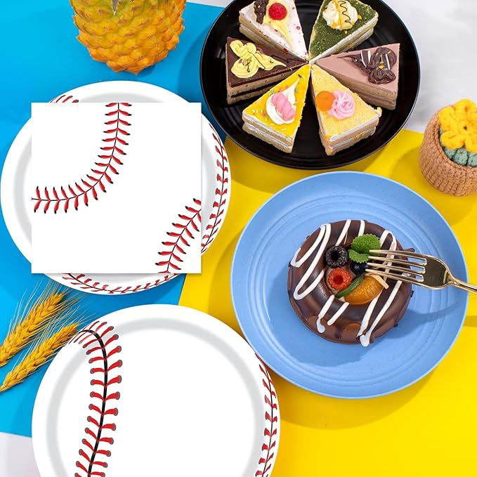40 Pcs Baseball Plates and Napkins, Paper Dinner Plates and Napkins, Classic Style, Baseball Party Decorations, 20 Servings