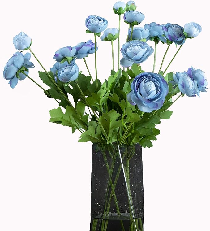 Artificial Silk Flowers Ranunculus Fake Flower 5 Pcs,Suitable for core Decoration,Wedding Floral Creation,Flower Arrangement DIY Project,Interior Decor（Blue）