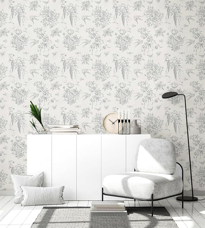 Cream White and Gray Peel and Stick Wallpaper Vintage Floral Contact Paper 16.9"x393.7" Floral Birds Self Adhesive Removable Wallpaper Grey Flowers Decorative Wall Paper for Bathroom Cabinets