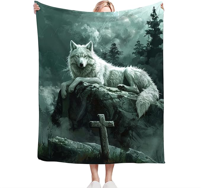 Wolf Christian Throw Blanket - Gifts and Decor for Women Men Adults - Soft Warm Cozy Fleece for Couch Sofa Bed 50"x40"
