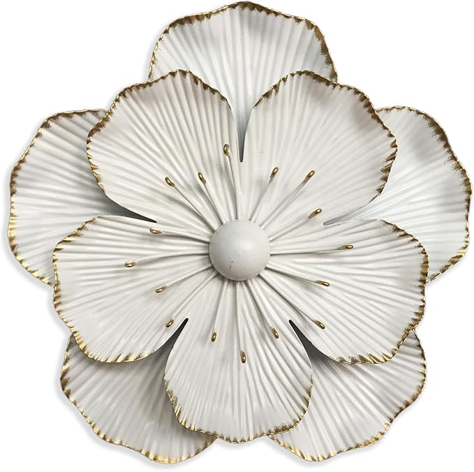 Metal Flower Wall Art Decor, 9" Rustic Modern Floral Sculpture, Distressed Iron Wall Hanging Home Decoration Accent Artworks for Indoor Kitchen Bedroom Living Office Outdoor Garden Patio (35B-White)