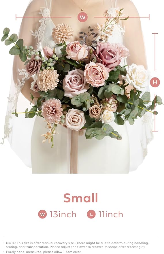 Ling's moment Dusty Rose Wedding Bouquets for Bride, Pink Bridal Bouquets for Bride, 13 Inch Free Form Artificial Wedding Flower Bouquet