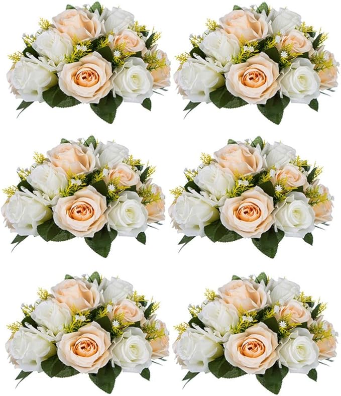 NUPTIO Artificial Flower Centerpieces for Tables: 6 Pcs Peachy Champagne & White Flower Ball Arrangement for Wedding Party - 9.5 Inch Diameter Floral Rose for Bridal Shower Decor