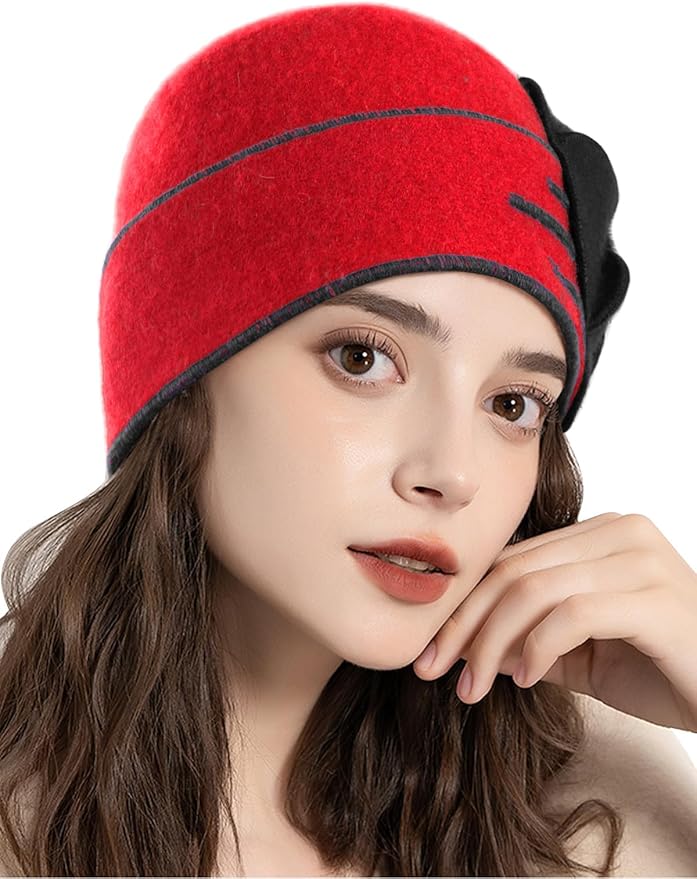 Sumolux Beanie Hats for Women Wool Skull Cap Beret Floral Cuffed French Vintage Dress Cloche Classic Winter 1920s