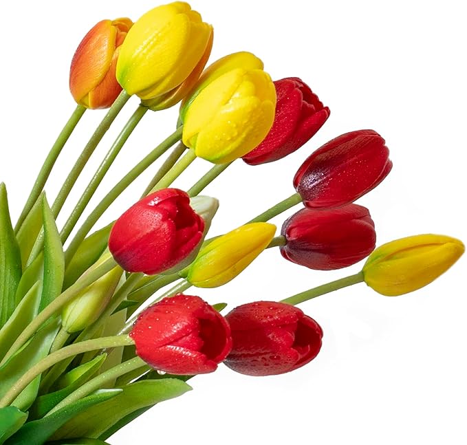 40pcs Artificial Tulips Flowers, Real Touch Latex Bouquet, Fake Tulips for Office Wedding Party Home Kitchen Garden Decoration-B Red Suit