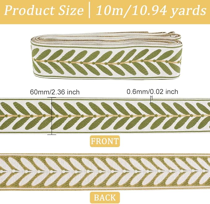 OLYCRAFT 10.9Yards Jacquard Ribbon Trim 2.4 Inch Leaf Pattern Jacquard Polyester Ribbons White Green Leaf Jacquard Woven Embroidery Trim for DIY Sewing Crafts Handmade Bag Belts Clothing Decoration