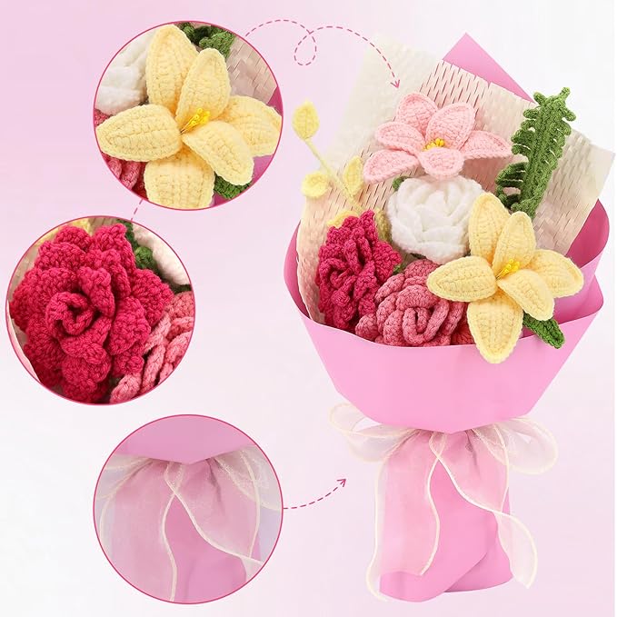 Crochet Flowers Finished Bouquet Crocheted Cotton Thread Flowers, Handmade Crochet Rose Tulip Fern Leaf as a Gift for Lover, Friends. Artificial Flower (Pink)