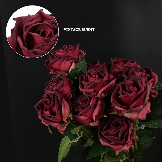 IPOPU Burgundy Roses Artificial Flowers 12PCS Roses Flowers Heads Dried Silk Flowers Burgundy Flowers Artificial for Decorations with Single Stems for Floral Arrangements Wedding Flower