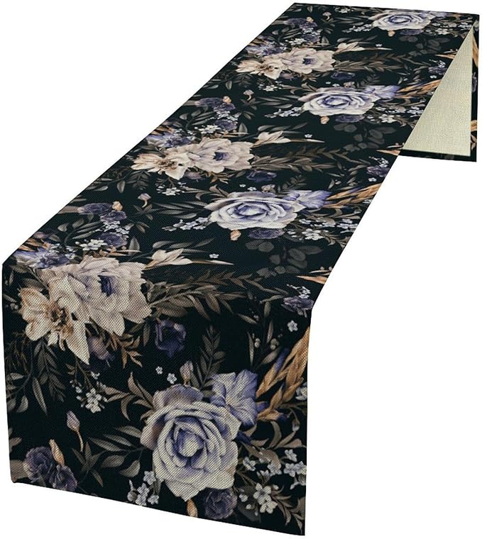Dark Botanical Table Runner, Gothic Vintage Purple Garden Flowers Herbs Print Print Table Cover for Kitchen Dining Home Decor Wreath Party Decoration, 13x120inch