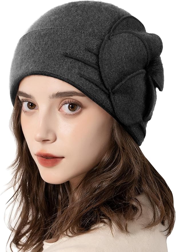 Sumolux Beanie Hats for Women Wool Skull Cap Beret Floral Cuffed French Vintage Dress Cloche Classic Winter 1920s