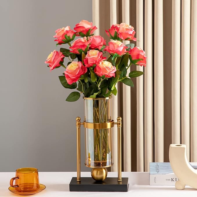 Hawesome 12PCS Artificial Silk Flowers Realistic Roses Bouquet Long Stem for Home Wedding Decoration Party (Gradient Dark Pink)