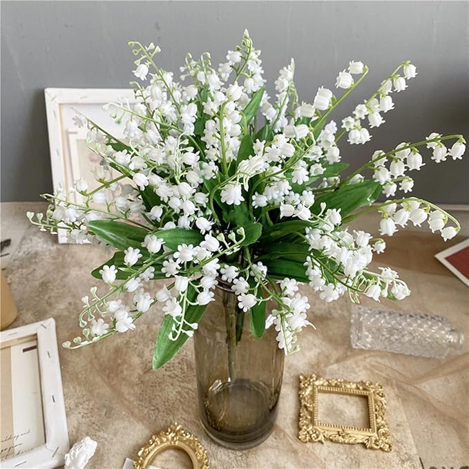 Artificial Lily of The Valley Flowers, Artificial Fake Silk Flowers Plants, DIY Garden Craft Art Decor, Decorations Plastic Floral Table Centerpieces for Home Party Decorate, 8 Pieces