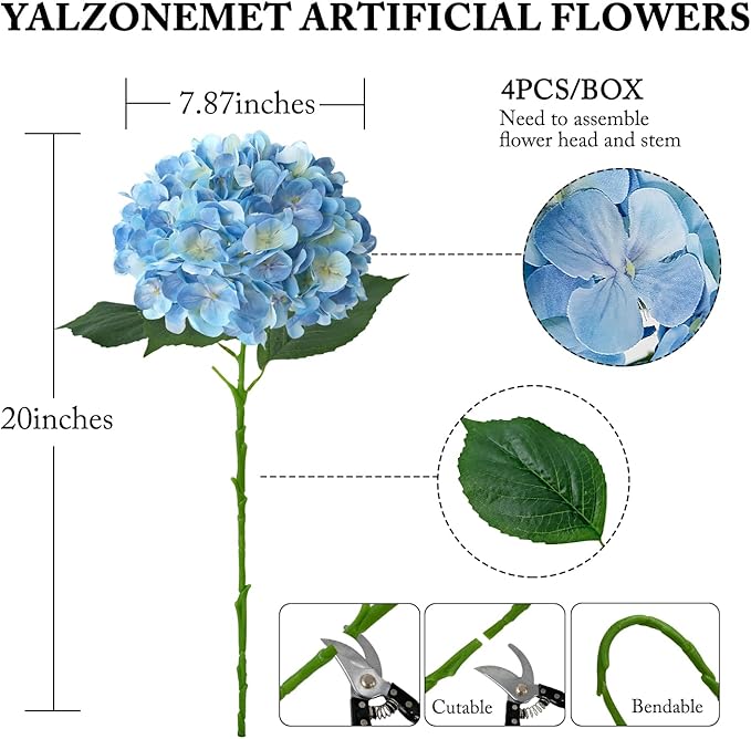 YalzoneMet 4Pcs Blue Silk Hydrangea Artificial Flower Lifelike Big Blooms 20'' Long Stem Faux Hydrangea Flower Bouquets for Home Party Indoor Baby Shower Outdoor Wedding Table Centerpiece Decor