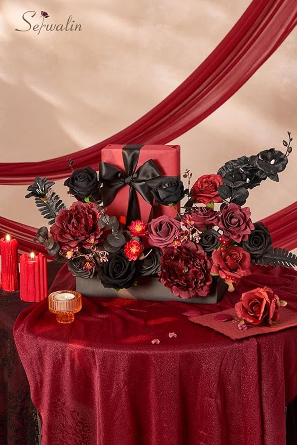 Serwalin Burgundy Black Artificial Flowers, Fake Silk Flowers for DIY Wedding Bridal Bouquet, Wedding Cake Flowers for Table Centerpieces Floral Arrangements Party Home Decorations