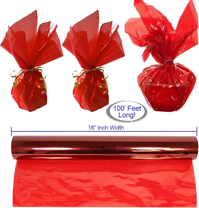 AnapoliZ Cellophane Wrap Roll Red | 100’ Ft. Long X 16” in. Wide | 2.3 Mil Thick Transparent Red | Gifts, Baskets, Treats, Cellophane Wrapping Paper | Colorful Cello Christmas, Holiday Color