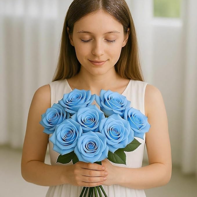 Blue Roses Artificial Flowers 15 PCS, Fake Roses Silk Flowers with Long Stems, Faux Rose for Wedding Centerpieces, Home Decor, Indoor Floral Arrangements, Party Decor, DIY Bouquet (Sky Blue)