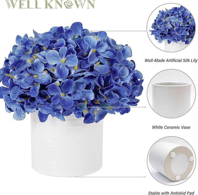 Blue Hydrangea Fake Flowers in Vase, Artificial Flowers with Ceramic Vase, Small Faux Potted Floral Arrangements for Home Bathroom Kitchen Office Coffee Table Wedding Party Centerpiece Decor & Gift