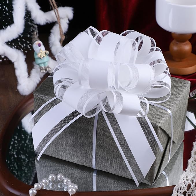 12 Pieces Pull Bow Wrapping Pull Bow Ribbon Pull Bows for Wedding Baskets,6 Inches Diameter Gift Bows, Large Bows for Presents. (White)