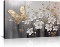 KPLUNDO Glod Butterfly Wall Art White Flower Canvas Prints Wall Decor Gray Poster Landscape Picture Modern Artwork Home Decor for Office Living Room Bedroom Bathroom Decoration(Art-1,20.00x30.00 inch)