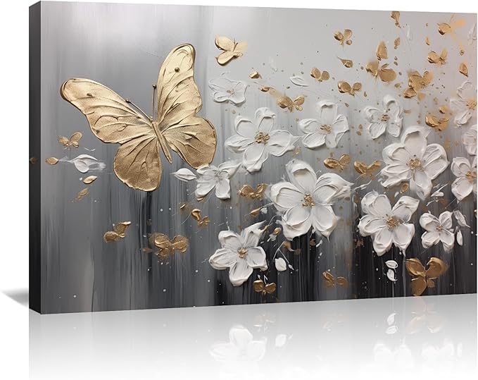 KPLUNDO Glod Butterfly Wall Art White Flower Canvas Prints Wall Decor Gray Poster Landscape Picture Modern Artwork Home Decor for Office Living Room Bedroom Bathroom Decoration(Art-1,16.00x24.00 inch)