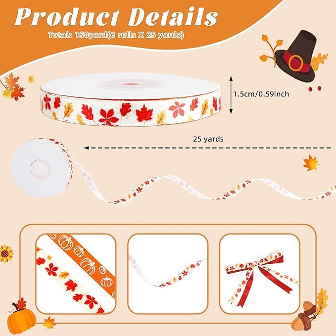 6 Rolls 150 Yards Thanksgiving Fall Ribbons Harvest Ribbons for Craft Wrapping Pumpkin Maple Leaf Autumn Grosgrain Ribbon for Wreath Bows Decoration 3/8 Inch(Maple)