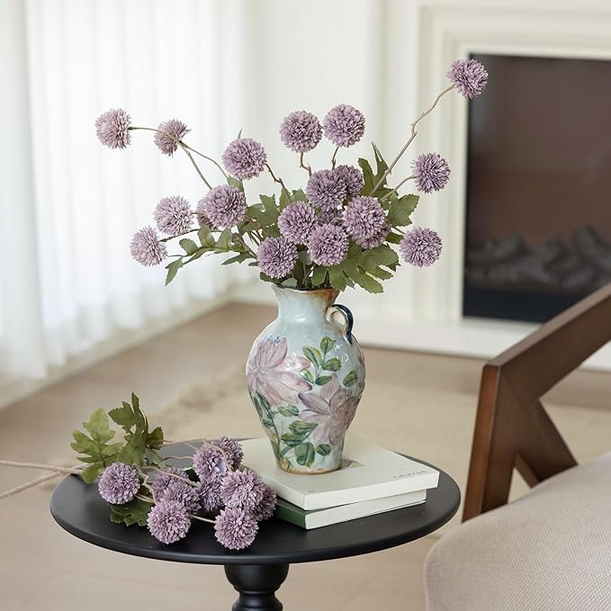 mizii 6Pcs Fake Silk Pompon Mum Artificial Flowers Bulk Small Faux Chrysanthemums with Stems Realistic Floral Decorations for Wedding DIY Bouquet Centerpieces Shower Vase Home Decor (Gray Purple)