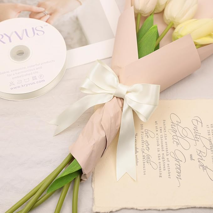 Cream Satin Ribbon, Double Faced 1 Inch X 50 Yards Cream Ribbon, Premium Satin Ribbon for Gift Wrapping, Crafts, Hair Bow Making, Sewing, Flower Bouquet, Wedding Party Decor