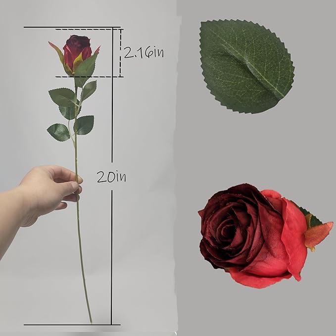 Artificial Roses 50 Pcs - Lifelike Single Stem Fake Roses with Natural Petal Texture,Fade-Resistant Silk Flowers for Wedding Decor,Home Vase Arrangements,Party Centerpieces(50, Red)