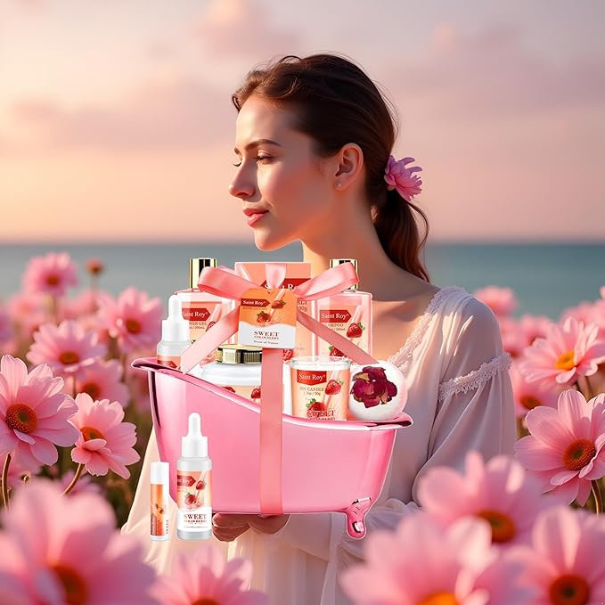 Spa Kit for Women, Bath & Body Gift Set, Luxury Home Spa Bath Gift Basket, Strawberry Scented Bath Set Christmas Gifts for Women, Pamper Gifts for Girls & Teens, Birthday Gift, Bath Self Care Gift