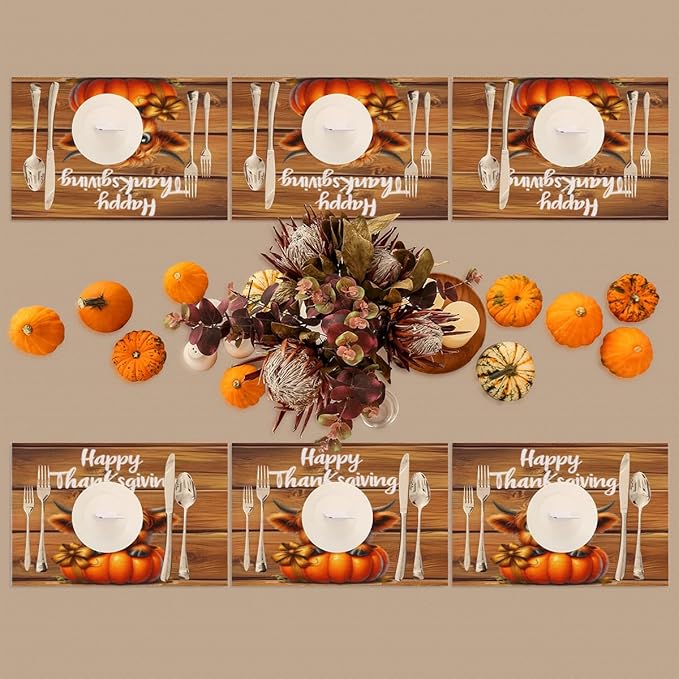 Thanksgiving Pumpkin Highland Cow Placemats Set of 4 PVC Vinyl Non Slip Table Mats Heat Resistant Place Mats Washable Wipeable Dining Table Mat for Kitchen Decor Party Indoor Outdoor Decorative Gift