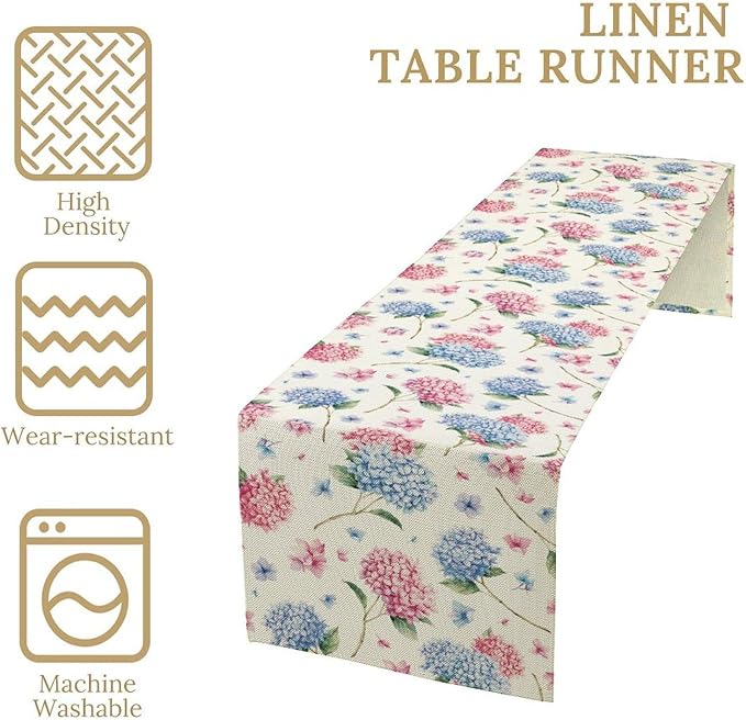 Hydrangea Table Runner, Spring Summer Watercolor Blue Floral Seasonal Country Farmhouse Coffee Table Center Decor for Home Kitchen Dining Patio Holiday Party Table Decorations 13x108 inches
