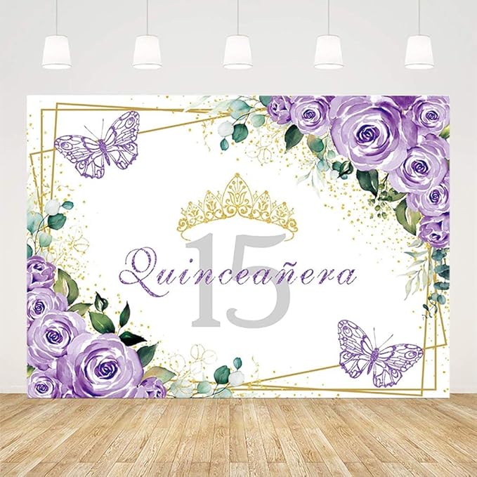 SENDY 8x6ft Quinceañera Backdrop Mis Quince 15 Anos Birthday Party Decoration Supplies for Girl Princess Purple Floral Butterfly Gold Crown Photography Background Banner Photo Booth Studio Props Vinyl