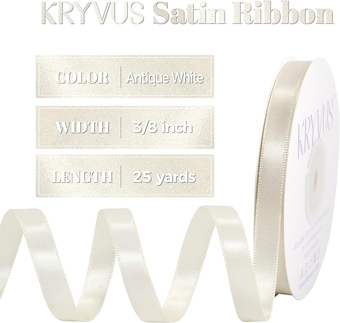 Antique White Satin Ribbon, Double Faced 3/8 Inch X 25 Yards Antique White Ribbon, Premium Satin Ribbon for Gift Wrapping, Crafts, Hair Bow Making, Sewing, Flower Bouquet, Wedding Party Decor