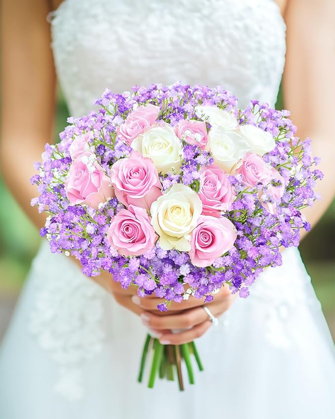 Babys Breath Artificial Flowers, 24Pcs Fake Baby Breath Flowers Artificial Bulk Faux Gypsophila Real Touch Flowers for Outdoors Wedding DIY Bouquet Arrangement Party Home Garden Decor, Purple