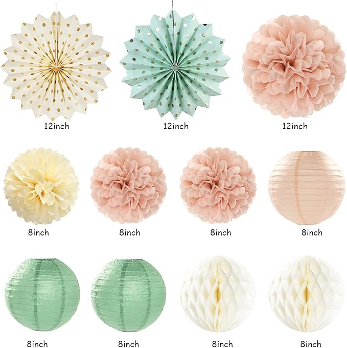 Sage-Green Blush-Beige Baby Shower Party-Decorations - 21pcs Girls Welcome Baby Banner,Light Dusty Pink Paper Lanterns Pom Poms,Safari Woodland Boho Neutral Streamers Garland Decor Favors Huglony