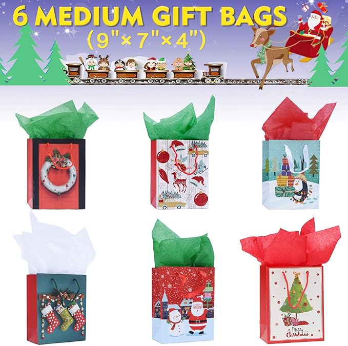 Christmas Gift Bags Bulk Set Christmas Paper Bags Assorted Sizes 3 Jumbo 5 Large 6 Medium 2 Wine Bags 16 Count Glitter Design with 12 Sheets Tissue Paper