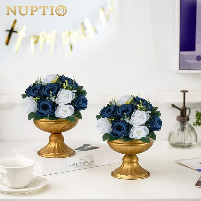 NUPTIO Artificial Flower Centrepieces for Tables - 6 Pcs Navy Blue & White Fake Flowers Roses Balls 9.5in Diameter - Silk Faux Rose Arrangement for Wedding Party Centerpiece Table Decorations