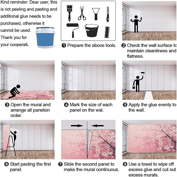 Pink Cherry Blossom Wall Mural, Romantic Cherry Blossom 3D Wall Murals, Japanese Flower Wallpaper Mural, for Living Room Bedroom Large Wallpaper Indoor Decor 157.5" W x110.3 H
