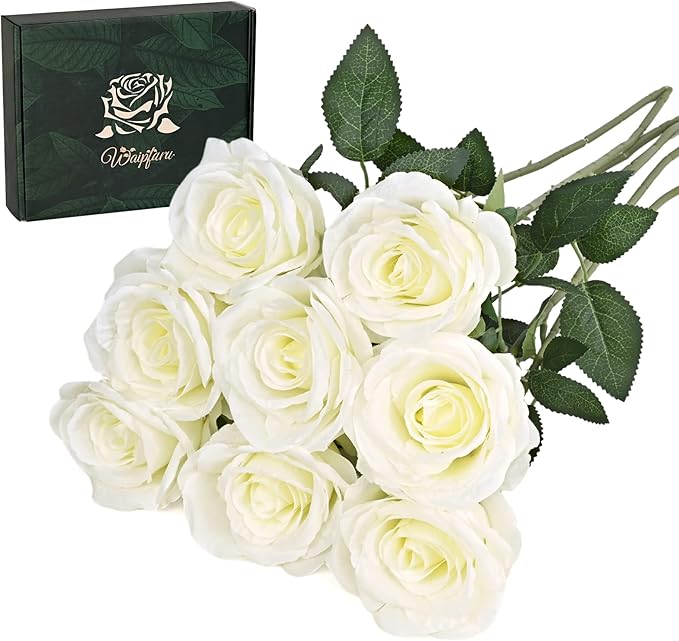 Waipfaru 8 Pcs Fake White Roses Artificial Flowers Bulk, Real Touch Silk Faux Roses with Long Stems for Wedding Bouquet Vase Flower Arrangement Table Centerpieces Home Decor (White)