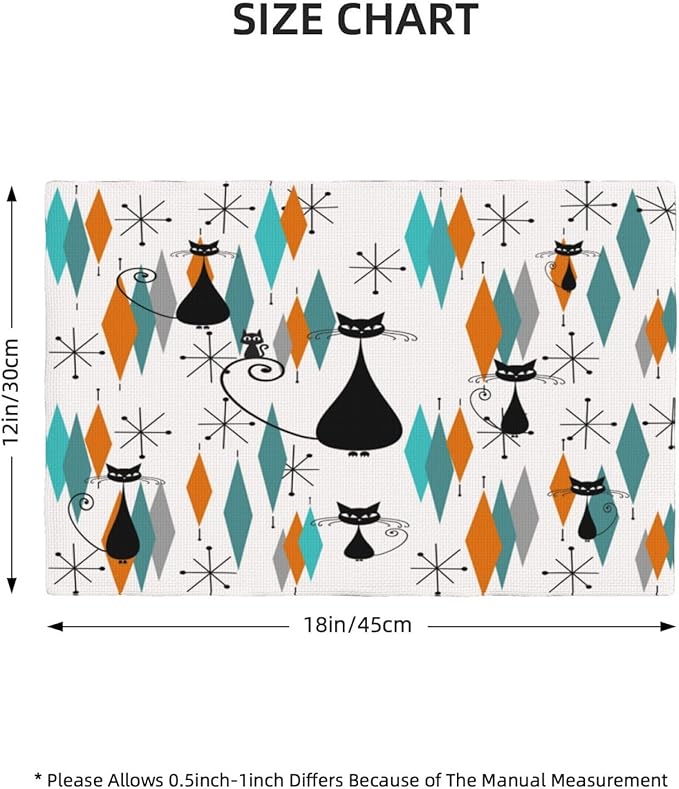 Mid Century Placemats, Modern Minimalist Art Abstract Geometric Atomic Star Explosion Black Cat Print Washable Fabric Placemats Table Kitchen Dining Party 12x18 Inch Set of 6