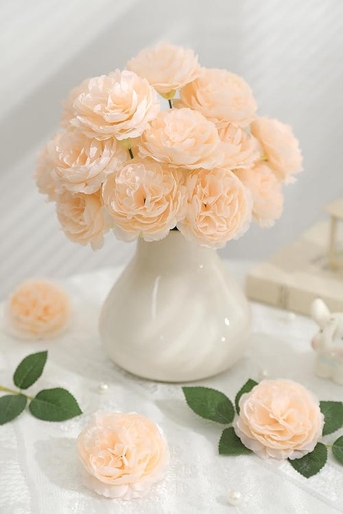 12 PCS Artificial Silk Champagne Peony Flowers with Stems - 8 Inch Fake Peony Bouquet for Wedding, Home Decor, Office Table, Festival Gifts