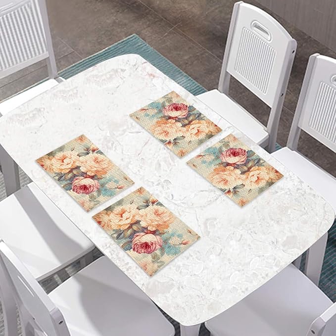 Placemats Set of 4 Waterproof Oilproof Table Mats Vintage Rose Pattern Washable Wipeable Heat Resistant Easy to Clean for Indoor Outdoor Party Kitchen Dining Table Decoration 12 * 18in