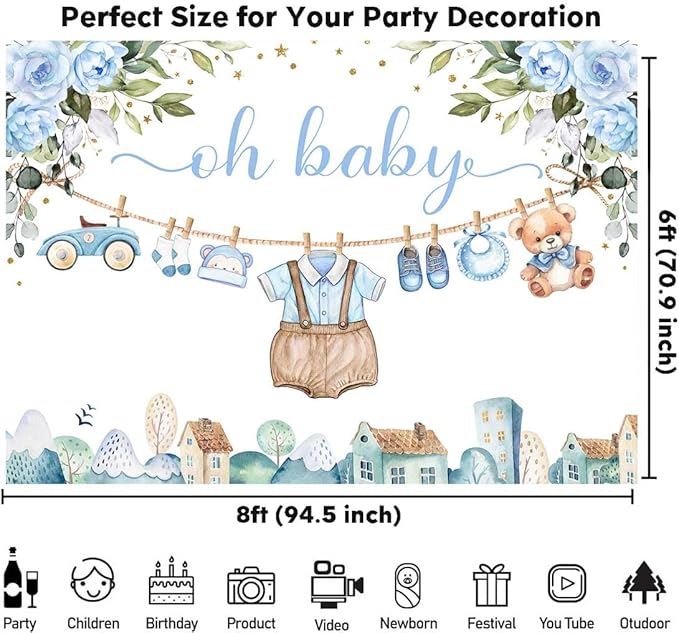 Sensfun Cute Clothes Baby Shower Backdrop for Boys Oh Baby Newborn Blue Floral Eucalyptus Leaves Adventure Baby Shower Party Decorations Banner Supplies Photo Booth Studio Props 8x6ft