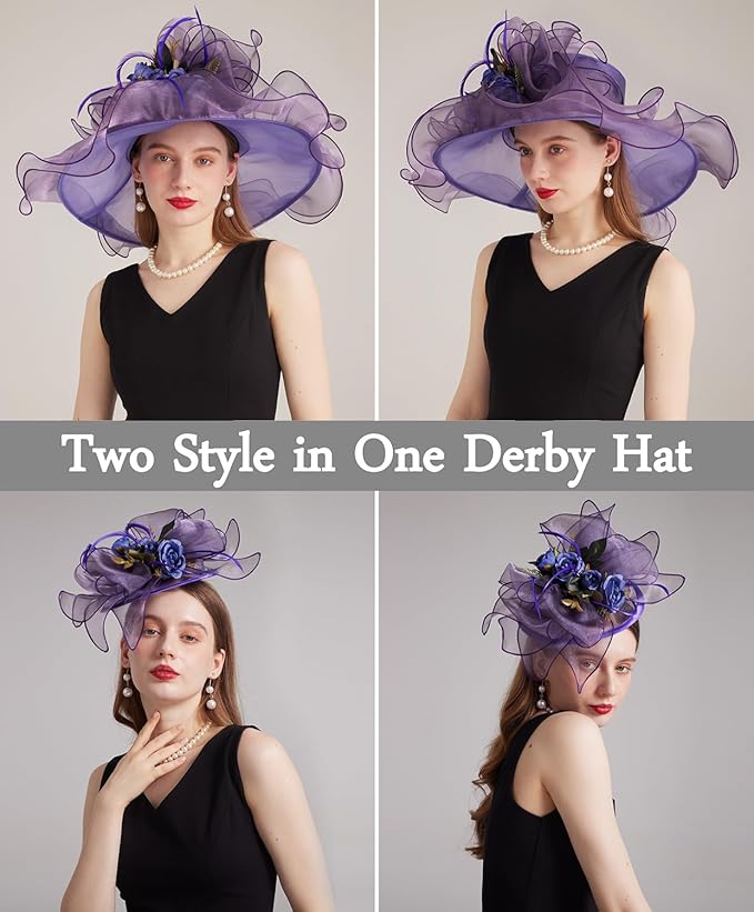 Organza Derby Hats for Women Wide Brim Fascinator Hat Rose Flower Wedding Tea Party Hat