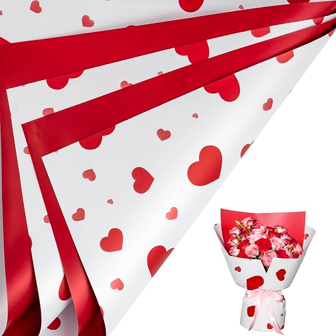 LeZakaa 20 Sheets Flower Wrapping Paper, Red Heart Design Waterproof Floral Bouquet Paper for Valentine's Day, Wedding, Anniversary Romantic Gift Packaging