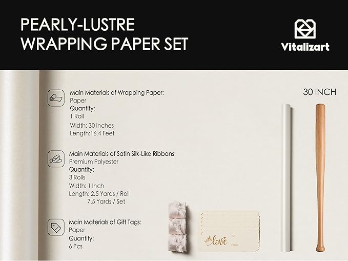 Vitalizart White Wrapping Paper Set 30" Pearly-Lustre With Silk Like Satin Ribbon & Gift Tags Recyclable Christmas Gift Wrapping Birthday Baby Shower Wedding Handmade Crafts 197"(16.4 Ft)