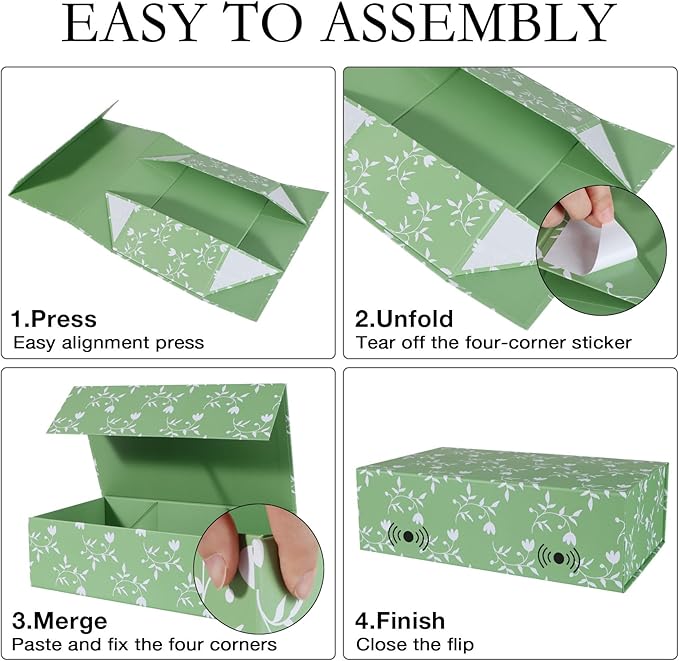 Green Leaves Gift Box with Magnetic Lids 13.8x8.3x4.4 in, Large Bridesmaid Proposal Boxes, Rectangle Wedding Decorative Storage Box 1 Pack