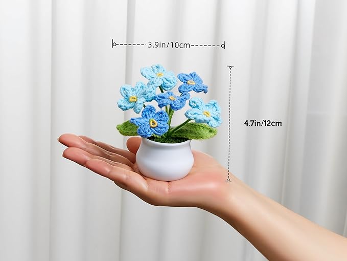 Crochet Flowers Cute Handmade Knitted Potted Gradient Blue Forget Me Not Flower for Women Coworkers Teacher Birthday Anniversary Decor for Home Room Office Desk Accessories