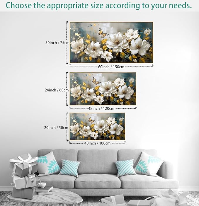 Wall Art Modern Flower Artwork Paintings White Blossom Gold Leaf Butterfly Landscape Picture wall Decor for Living Room Bedroom Kitchen 24"x48" with Framed