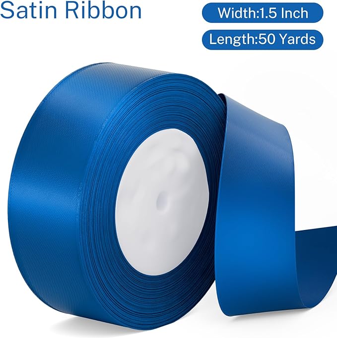 Blue Ribbon 1-1/2 inch Royal Blue Satin Fabric Ribbon 50 Yards for Craft Wrapping Flower Bouquet Hair Bow Making Wedding Invitations Party Decoration